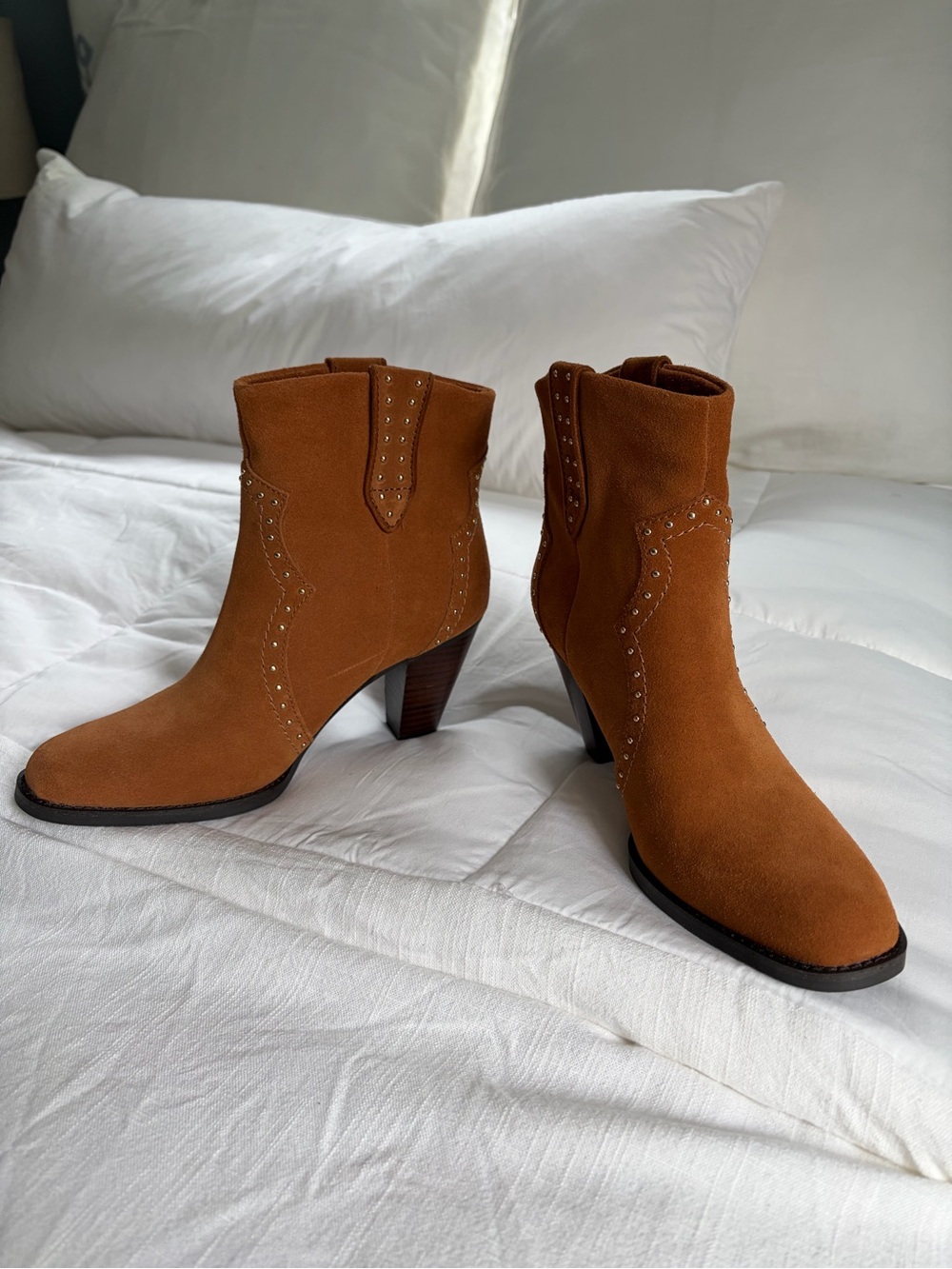 AEROSOLES Lazu Suede Ankle Booties in Cognac Brown with Stud Accents